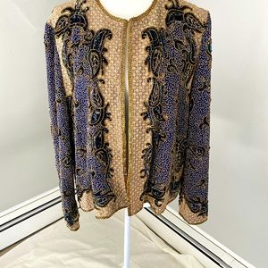 Beaded jacket-Dark Navy with gold beading & border design. Adrianna Papell Sz XL
